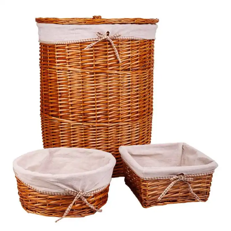 Set cesto de ropa y dos cestos de mimbre forrados marrones - Baño