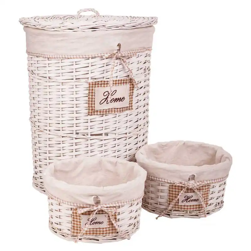 Set cesto de ropa y dos cestos de mimbre forrados blancos - Baño