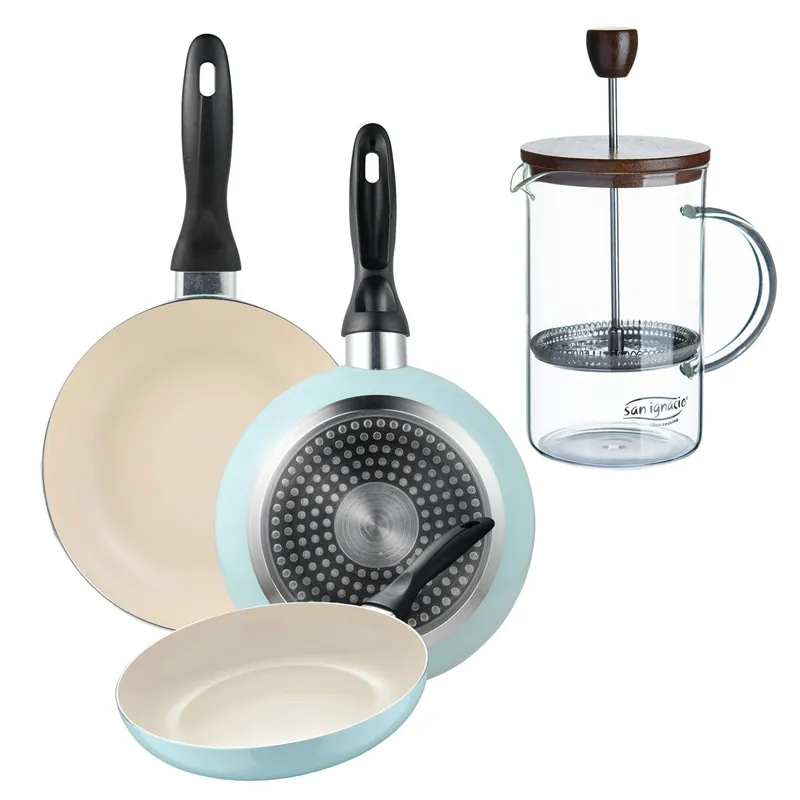 Set de 3 sartenes San Ignacio Ø16Ø20Ø24cm en aluminio prensado Azul celeste+Cafetera de émbolo de vidrio borosilicato 15,8x10x18,8cm - Cocina
