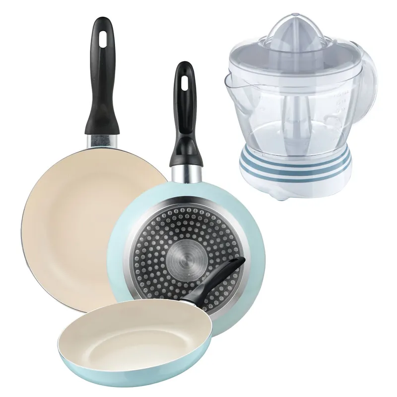 Set de 3 sartenes San Ignacio Ø16Ø20Ø24cm en aluminio prensado Azul celeste+Exprimidor de 40W de Potencia - Capacidad de 1.2 Litros