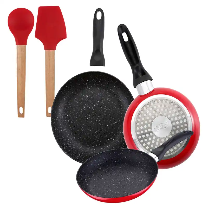 Set de 3 sartenes San Ignacio con revestimiento en mármol Ø16 cm Ø20 cm Ø24 cm+Juego de 2 utensilios de cocina de silicona