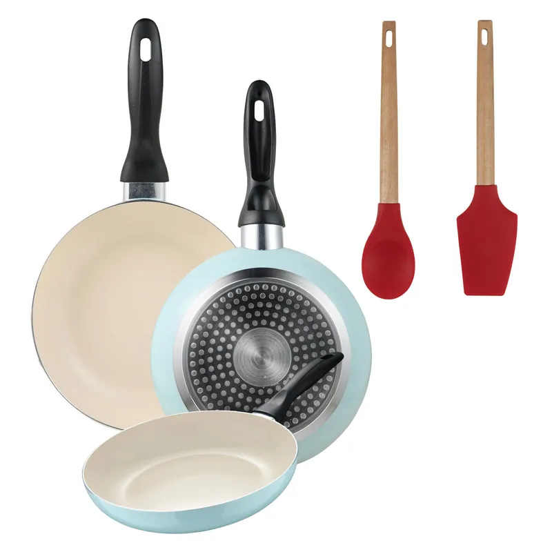 Set de 3 sartenes San Ignacio Ø16Ø20Ø24cm en aluminio prensado Azul celeste+Juego de 2 utensilios de cocina de silicona