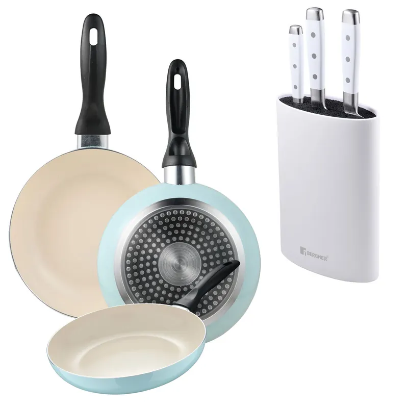 Set de 3 sartenes San Ignacio Ø16Ø20Ø24cm en aluminio prensado Azul celeste+Juego de 3 Cuchillos de acero inoxidable + Tacoma en color Blanco - Cocina