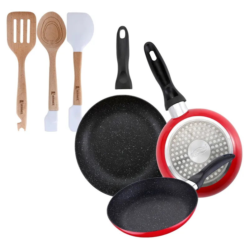 Set de 3 sartenes San Ignacio con revestimiento en mármol Ø16 cm Ø20 cm Ø24 cm+Juego de 3 Utensilios de cocina en silicona y madera