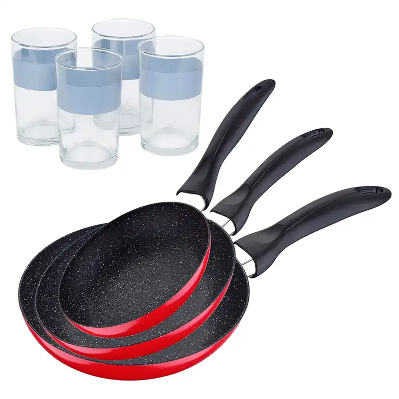 Set de 3 sartenes San Ignacio con revestimiento en mármol Ø16 cm Ø20 cm Ø24 cm+Juego de 4 Vasos de 0,5L - Cocina