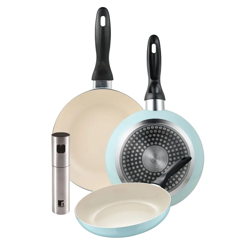Set de 3 sartenes San Ignacio Ø16Ø20Ø24cm en aluminio prensado Azul celeste+Pulverizador de Aceite y vinagre Ø4x17,5cm en acero inoxidable - Cocina