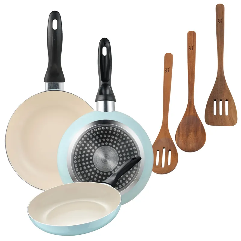 Set de 3 sartenes San Ignacio Ø16Ø20Ø24cm en aluminio prensado Azul celeste+Set 3pc utensilios cocina madera acacia