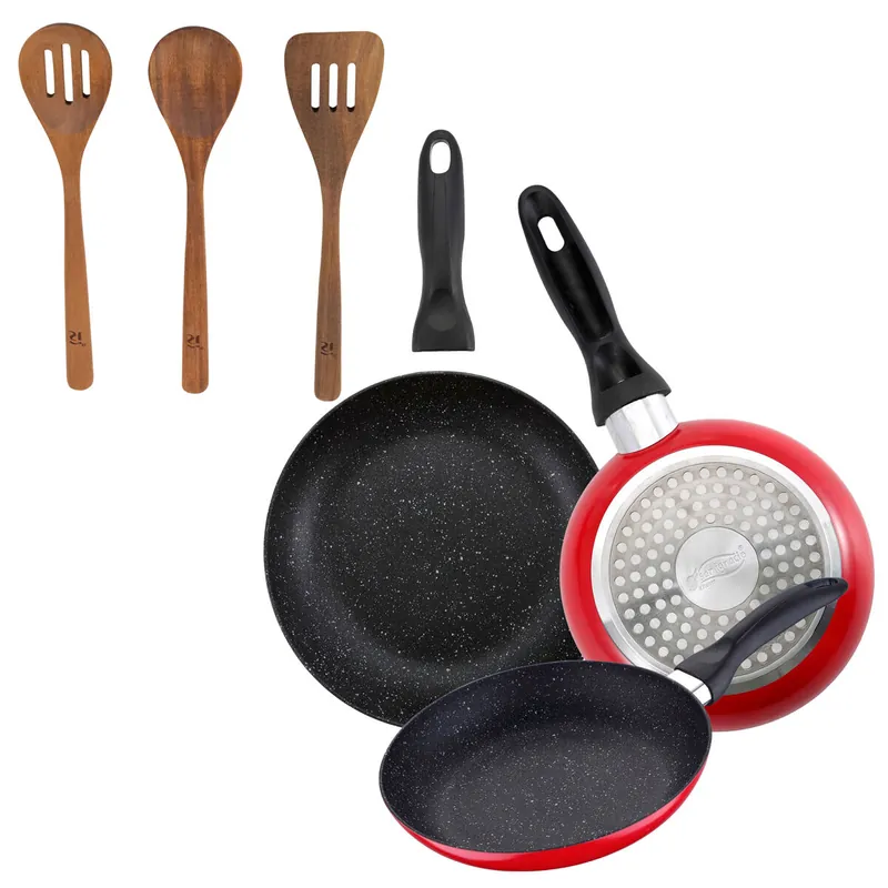 Set de 3 sartenes San Ignacio con revestimiento en mármol Ø16 cm Ø20 cm Ø24 cm+Set 3pc utensilios cocina madera acacia