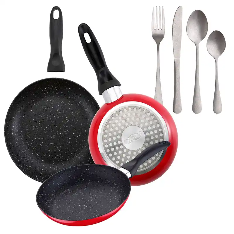 Set de 3 sartenes San Ignacio con revestimiento en mármol Ø16 cm Ø20 cm Ø24 cm+Set de 16 Cubiertos en Acero Inoxidable - Cocina