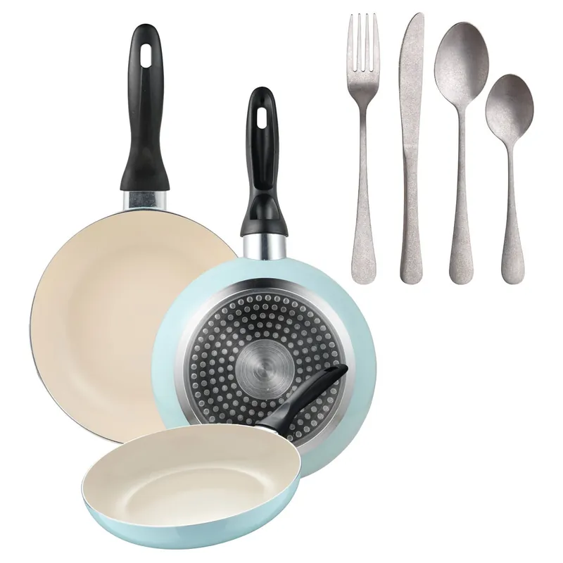 Set de 3 sartenes San Ignacio Ø16Ø20Ø24cm en aluminio prensado Azul celeste+Set de 16 Cubiertos en Acero Inoxidable - Cocina