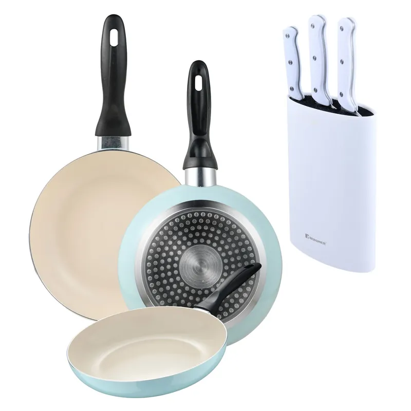 Set de 3 sartenes San Ignacio Ø16Ø20Ø24cm en aluminio prensado Azul celeste+Set de 3 Cuchillos con Tacoma en Acero inoxidable - Cocina