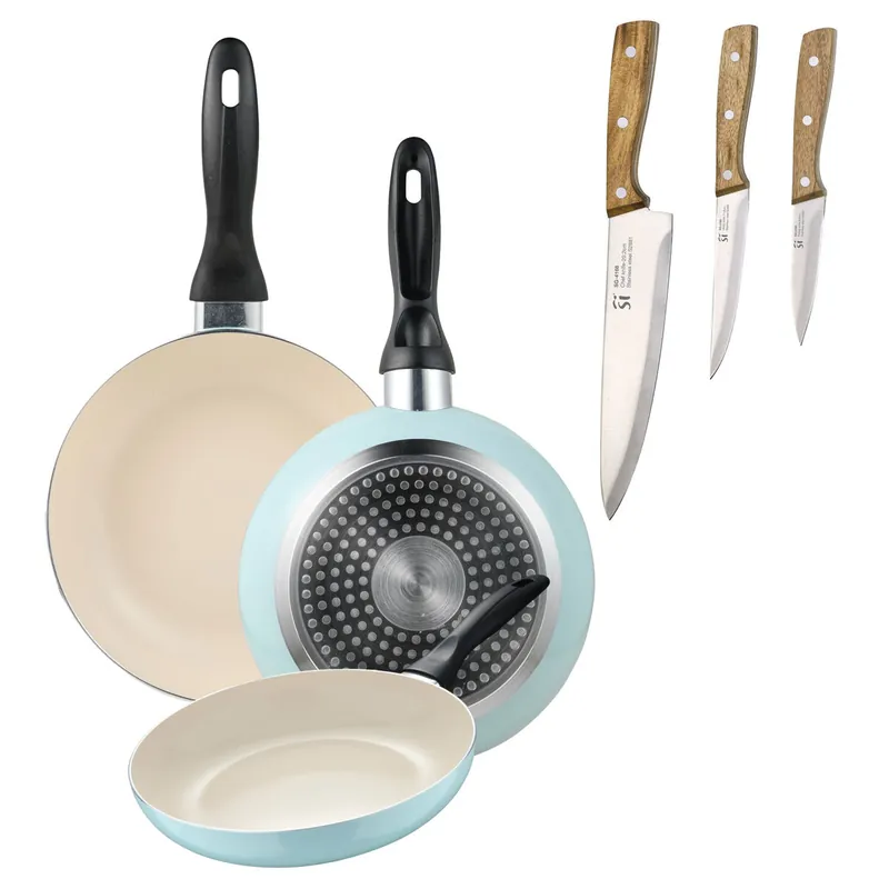 Set de 3 sartenes San Ignacio Ø16Ø20Ø24cm en aluminio prensado Azul celeste+Set de 3 cuchillos de acero inoxidable para cocina