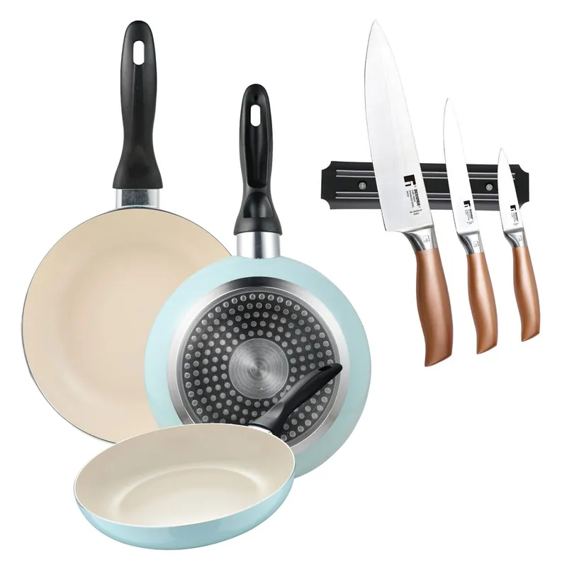 Set de 3 sartenes San Ignacio Ø16Ø20Ø24cm en aluminio prensado Azul celeste+Set de 3 Cuchillos en acero inoxidable con Soporte magnético de pared - Cocina