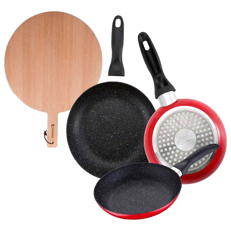 Set de 3 sartenes San Ignacio con revestimiento en mármol Ø16 cm Ø20 cm Ø24 cm+Tabla de corte Redonda de 38x28x1,5cm en madera de haya - Cocina