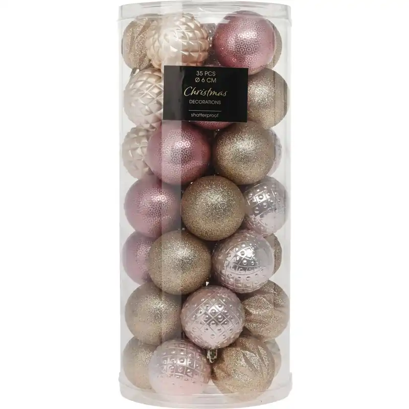 Well Home Set de 35 Bolas de Navidad de 6cm con 5 Diseños diferentes en Relieve color Champagne - Decoración