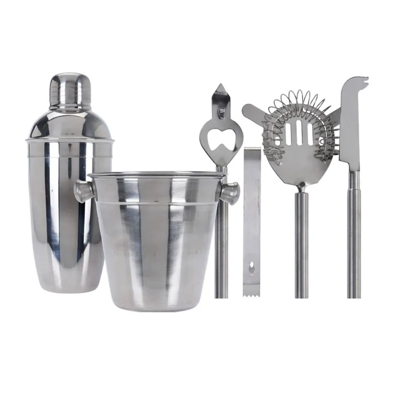 Juego de Bar con 6 Pzs - Coctelera, Cubo, Colador, Abridor, Cuchillo y Pinzas en Acero inoxidable