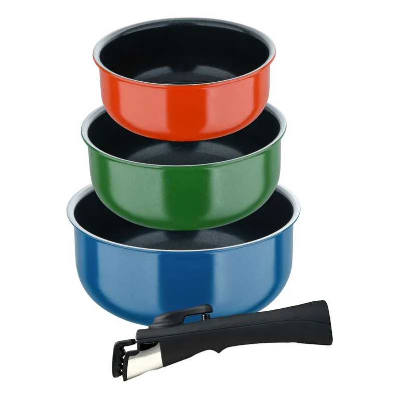 Bergner Click&Cook Juego de 3 Cazos Ø16Ø18Ø20cm Aluminio prensado en 3 Colores + Mango extraíble - Cocina