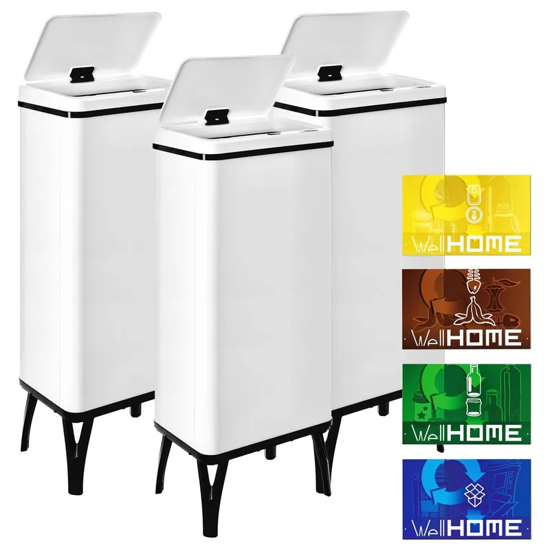 WELL HOME MOBILIARIO & DECORACIÓN 3 Cubos de basura inteligente de 60L c/u, Alto: 95,5 (x35,5x26), blanco con etiquetas magnéticas - Baño
