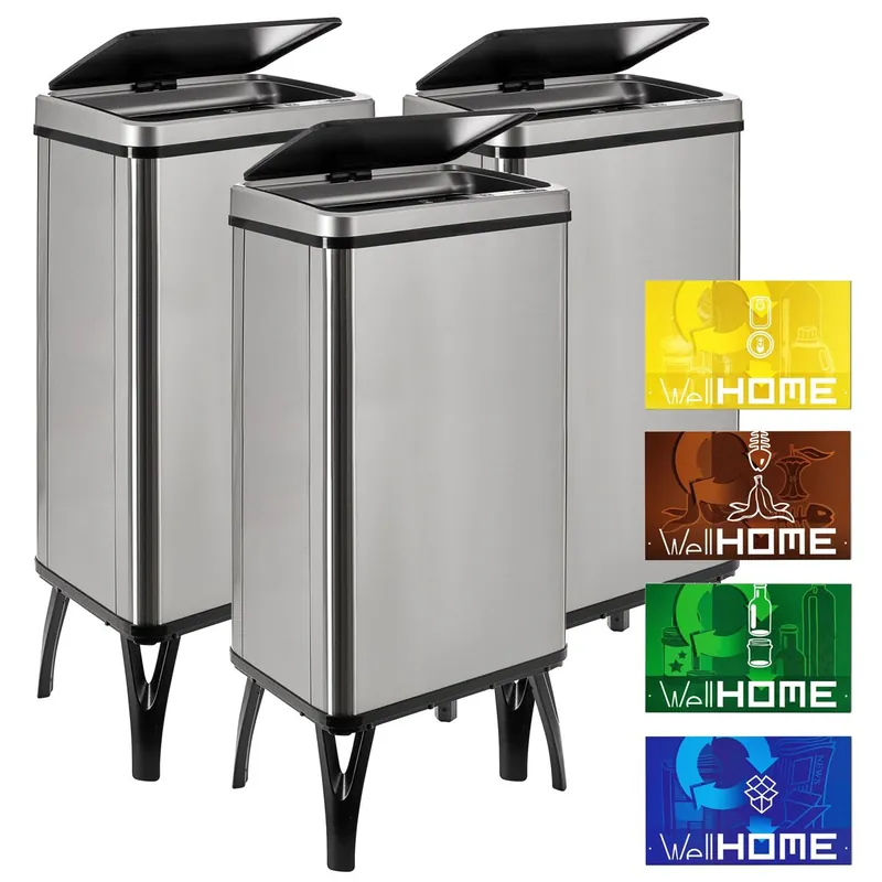 WELL HOME MOBILIARIO & DECORACIÓN 3 Cubos de basura inteligente de 50L c/u, Alto: 83,5 (x35,5x26), gris con etiquetas magnéticas - Baño