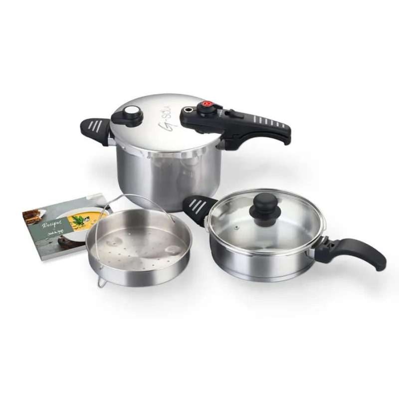 G-SOLA Set de ollas a presión 2,5 L y 6 L – Acero inoxidable 18/10, triple seguridad, cocción rápida y súper rápida, aptas todo tipo de cocinas, incluye tapa, cestillo y recetario David de Jorge