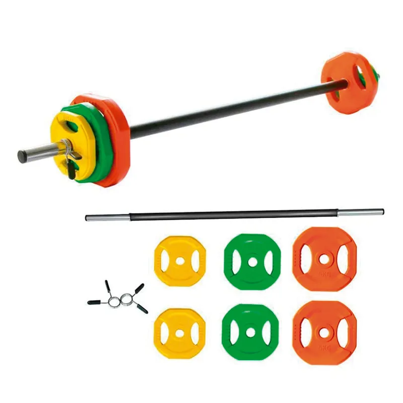 Set de pesas de barra para entrenamiento de fuerza completo. Incluye variedad de pesos para ejercicios variados y progresivos. - Deporte