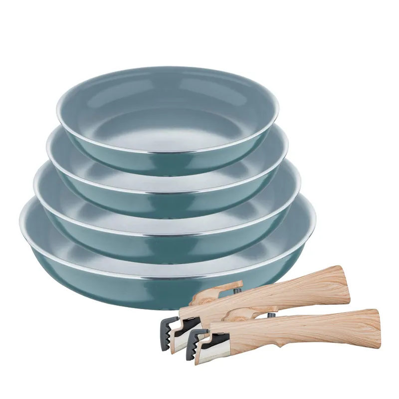 Set de 4 Sartenes Ø22Ø24Ø26Ø28cm en Aluminio prensado Verde + 2 Mangos extraíbles Click&Cook Bergner - Cocina