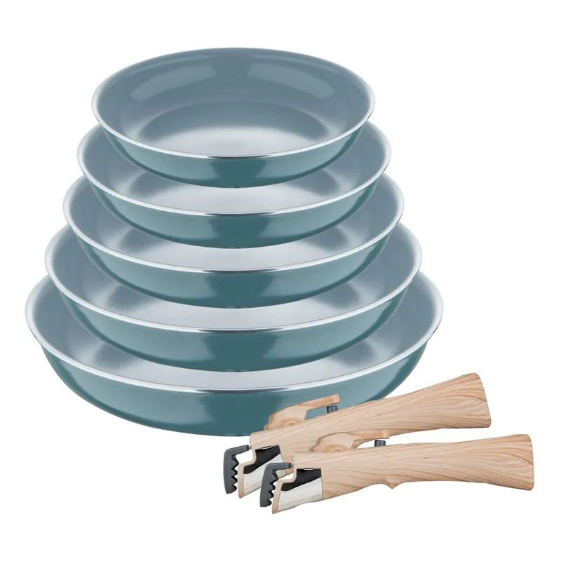 Set de 5 Sartenes Ø18Ø20Ø22Ø24Ø26cm en Aluminio prensado Verde + 2 Mangos extraíbles Click&Cook Bergner - Cocina