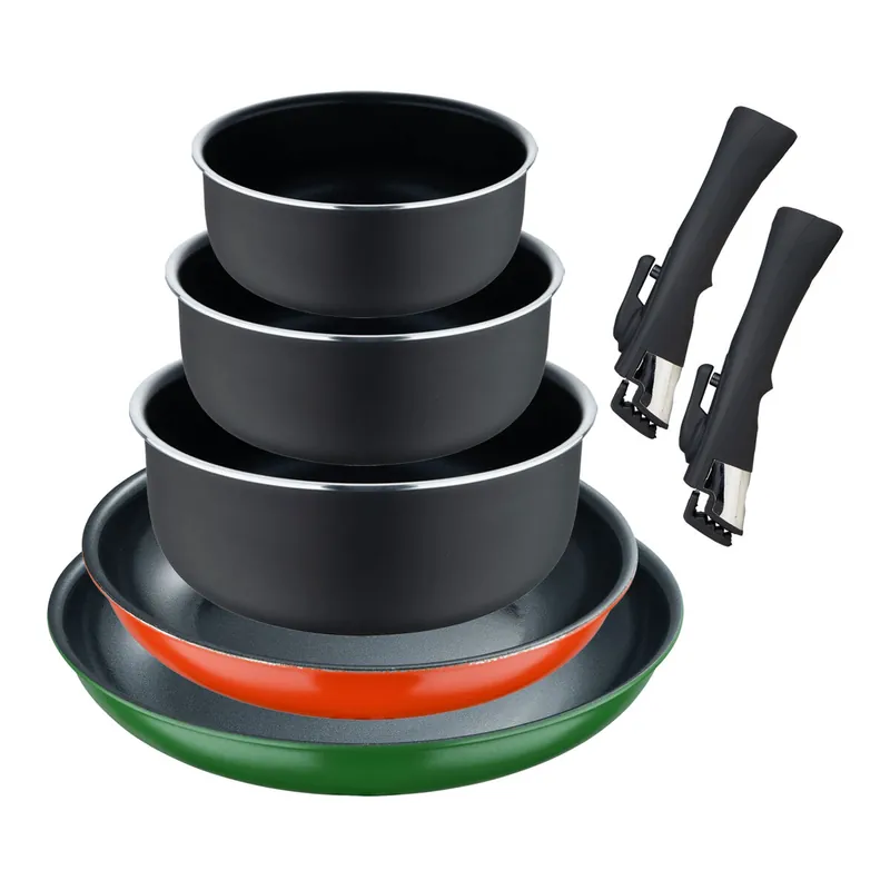 Set de 2 Sartenes Ø22Ø26cm en 2 colores + 3 Cazos Heat Dot Ø16Ø18Ø20cm color Negro + 2 Mangos extraíbles - en Aluminio prensado Click&Cook Bergner