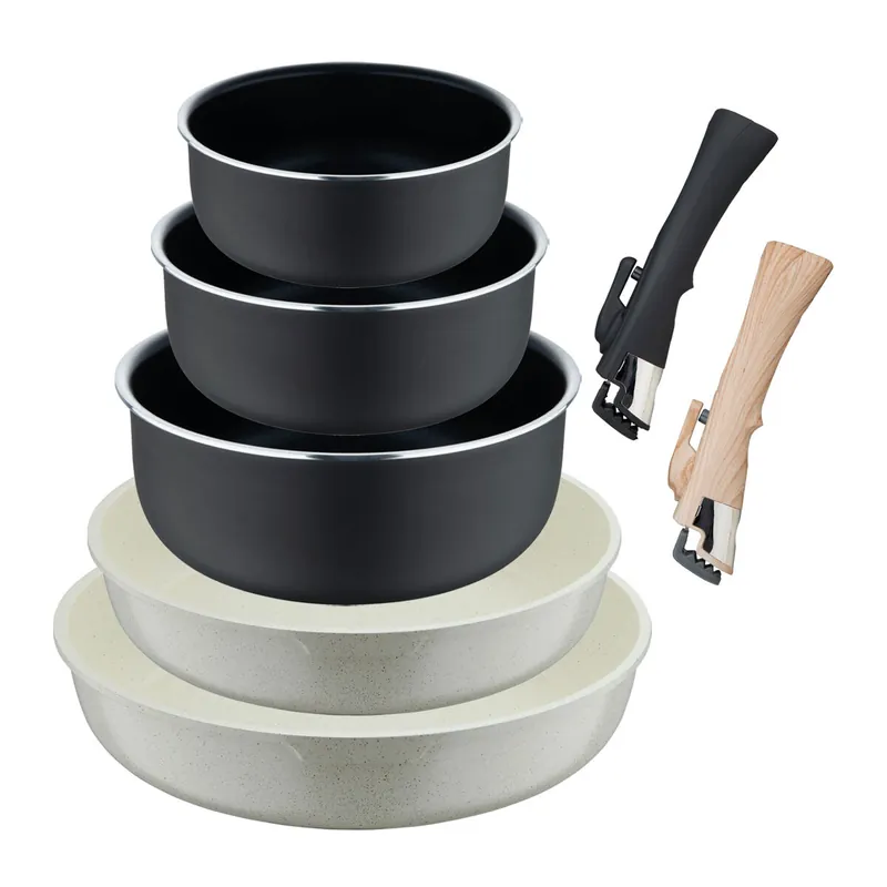 Set de 2 Sartenes Ø22Ø26cm en Aluminio fundido Blanco + 3 Cazos Heat Dot Ø16Ø18Ø20cm Aluminio prensado Negro + 2 Mangos extraíbles Click&Cook Bergner - Cocina