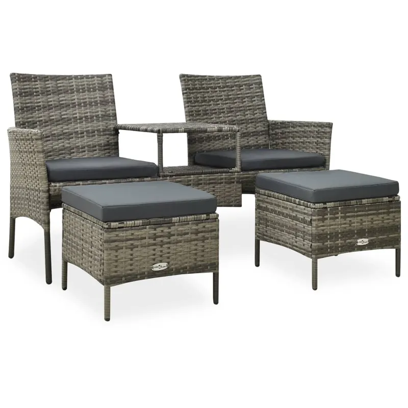 vidaXL Sofá de jardín 2 plazas con mesita y taburetes poli ratán negro - Sofás sillones puffs