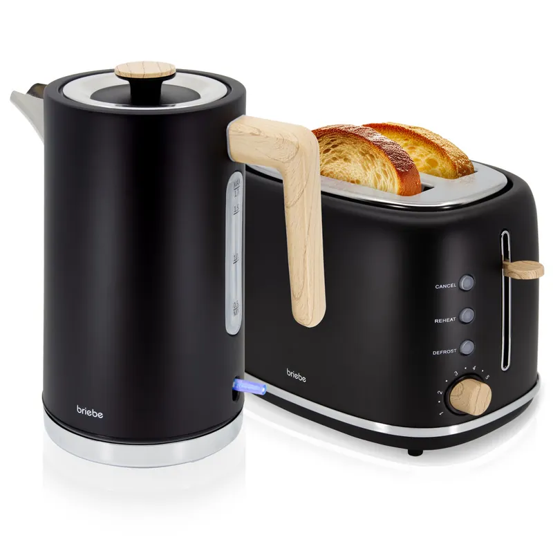 Briebe SKT1167BLK Nordic Set Tostadora Pan Ranura Ancha 2 Rebanadas + Hervidor Agua Eléctrico 1,7L Inalámbrico, 2200, Negro - Electrodomésticos