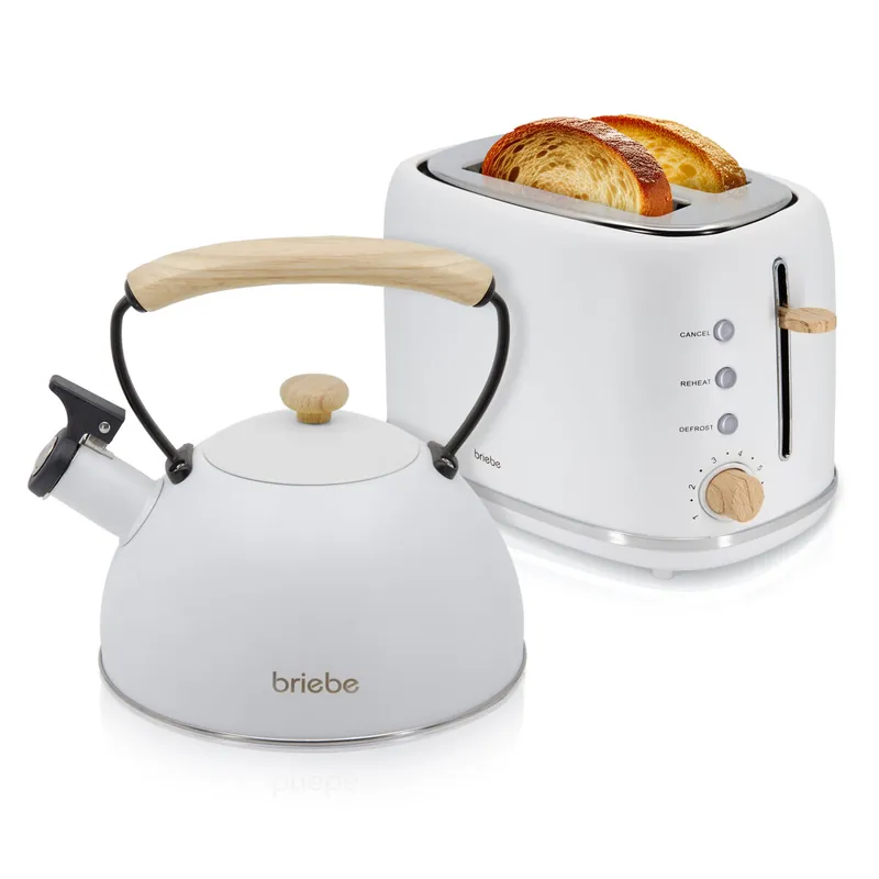 Briebe SKT1177WHT Nordic Set Tostadora Pan Ranura Ancha 2 Rebanadas + Tetera 2,3L Acero Inox, Inducción Libre BPA, 870, Blanco - Electrodomésticos