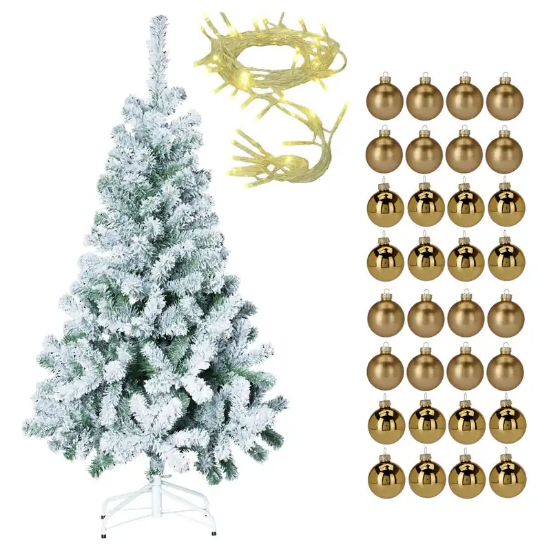 Well Home Set Navideño de Árbol Nevado de 180cm con Guirnalda de 80 LED y 32 Bolas decorativas doradas - Decoración