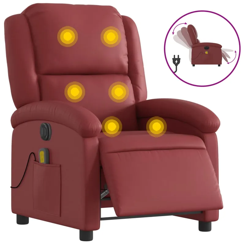 vidaXL Sillón de masaje reclinable de cuero artificial rojo tinto - Sofás sillones puffs