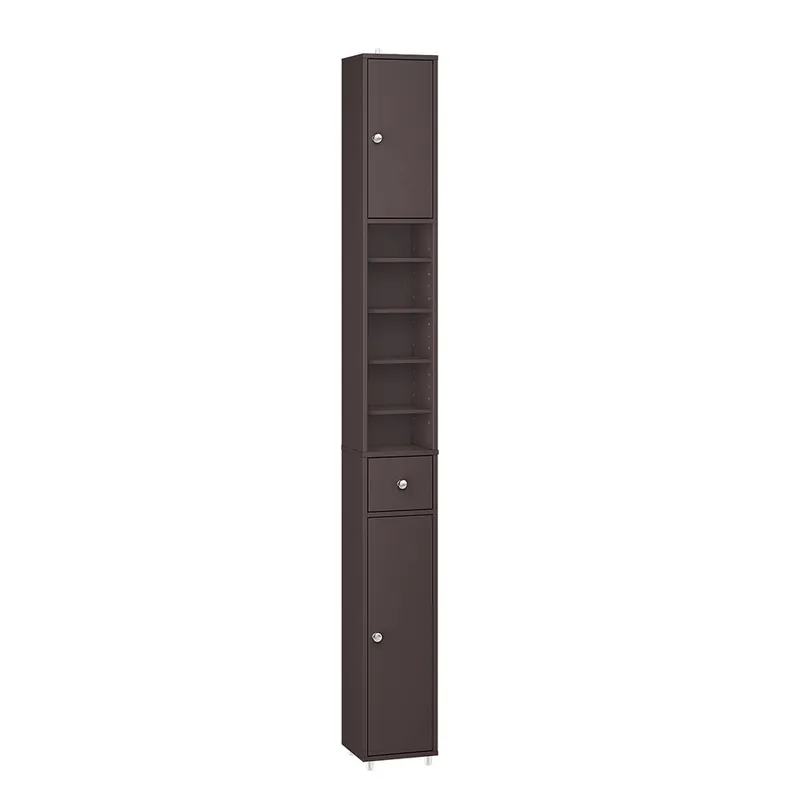 SoBuy BZR34-II-BR Columna de baño estrecha - Impermeable, armario de baño alto con estantes ajustables y cajón - Armario que ahorra espacio, MDF, marrón oscuro, 20x180x20cm