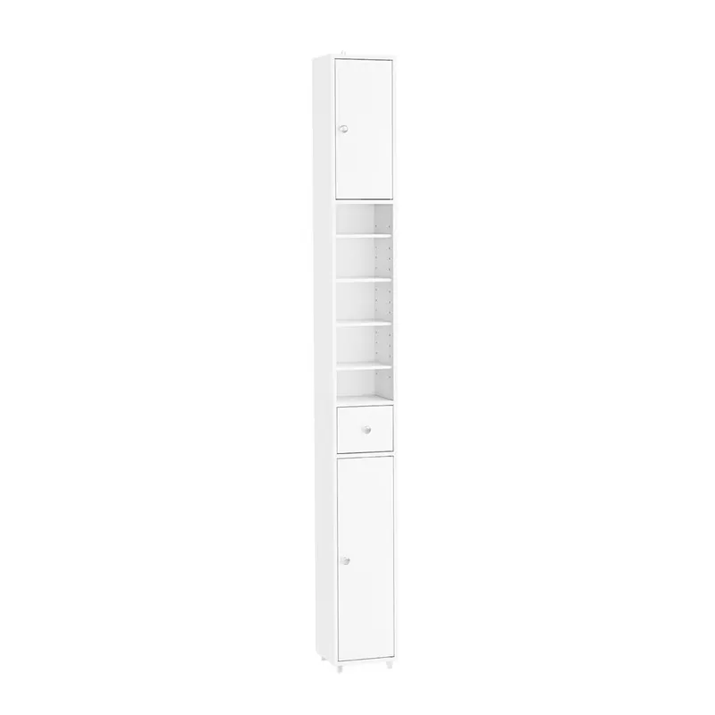 SoBuy BZR34-II-W Columna de baño estrecha - Repelente al agua, Armario de baño alto con estantes ajustables y cajón - Armario que ahorra espacio, MDF, Blanco, 20x180x20c