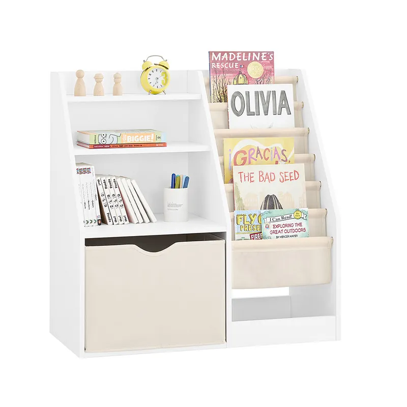 SoBuy Biblioteca Infantil Montessori 3 Niveles con Cestas de Tela Almacenamiento Juguetes Mueble Dormitorio Blanco 80x40x80cm KMB119-W