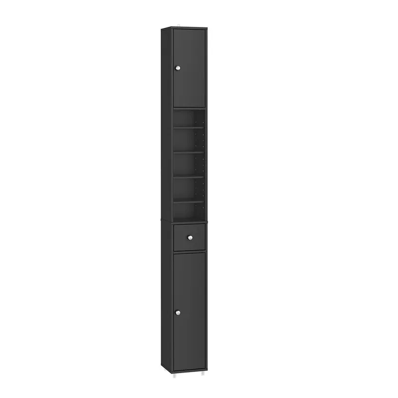 SoBuy BZR34-II-SCH Columna de baño estrecha - Impermeable, Armario de baño alto con estantes ajustables y cajón - Armario que ahorra espacio, MDF, Negro, 20x180x20cm