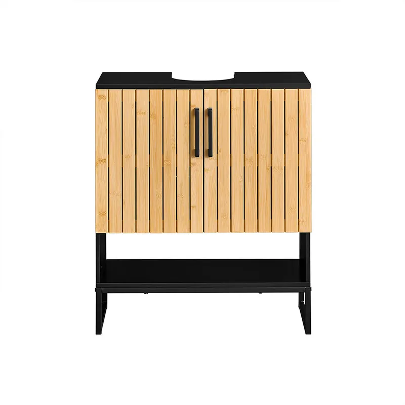 SoBuy Mueble Bajo Lavabo 60 cm con Puertas de Bambú, Estantería Ajustable y Patas Metálicas BZR202-SCH