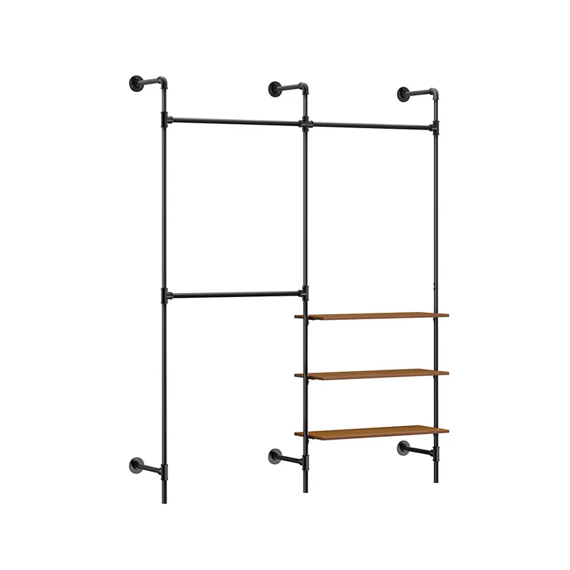 SoBuy perchero de pared industrial, burro de ropa de tubo fijo con 3 barras y 3 estantes de MDF, armario abierto resistente ahorra espacio, negro industrial KLS18-SCH