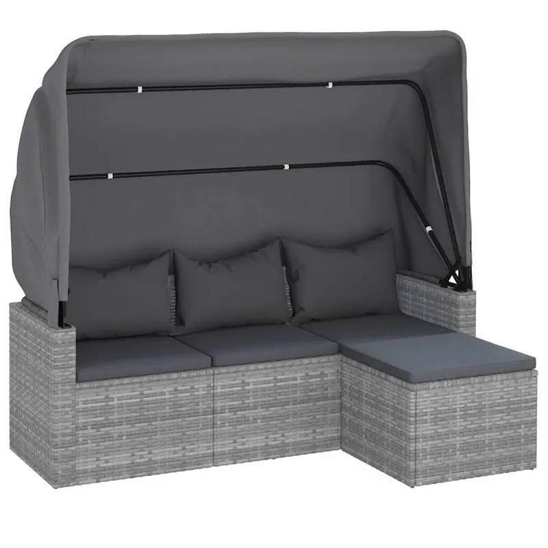 vidaXL Sofá jardín 3 plazas con toldo y taburete ratán sintético gris - Sofás sillones puffs