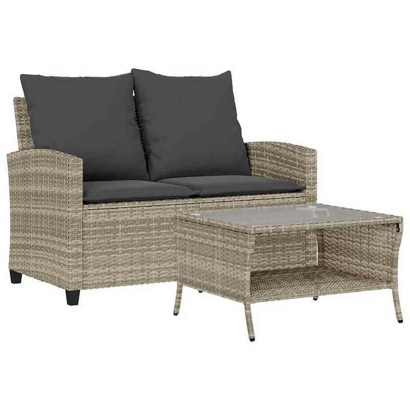 vidaXL Sofá jardín de 2 plazas con cojín y mesa gris ratán sintético - Sofás sillones puffs