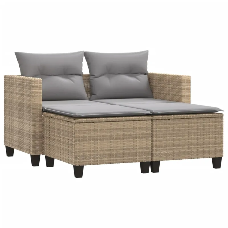 vidaXL Sofá de jardín 2 plazas con toldo y taburetes ratán PE negro - Sofás sillones puffs