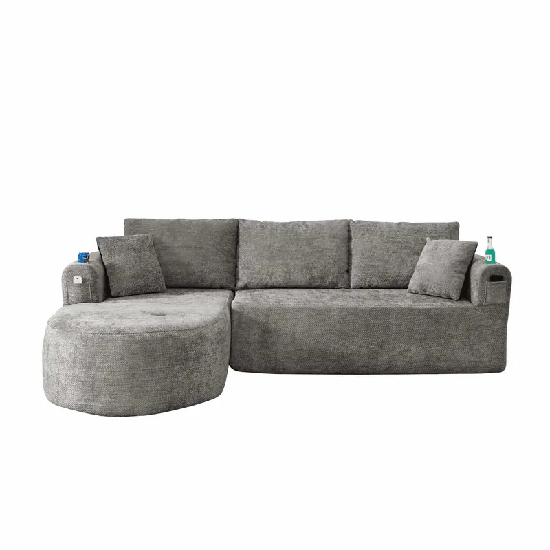 Sofá esquinero en L 3 plazas - Cloud Couch sin montaje con portavasos de acero inoxidable resistente al calor, funda de lino transpirable y resistente, bolsillos laterales y reposabrazos - Gris