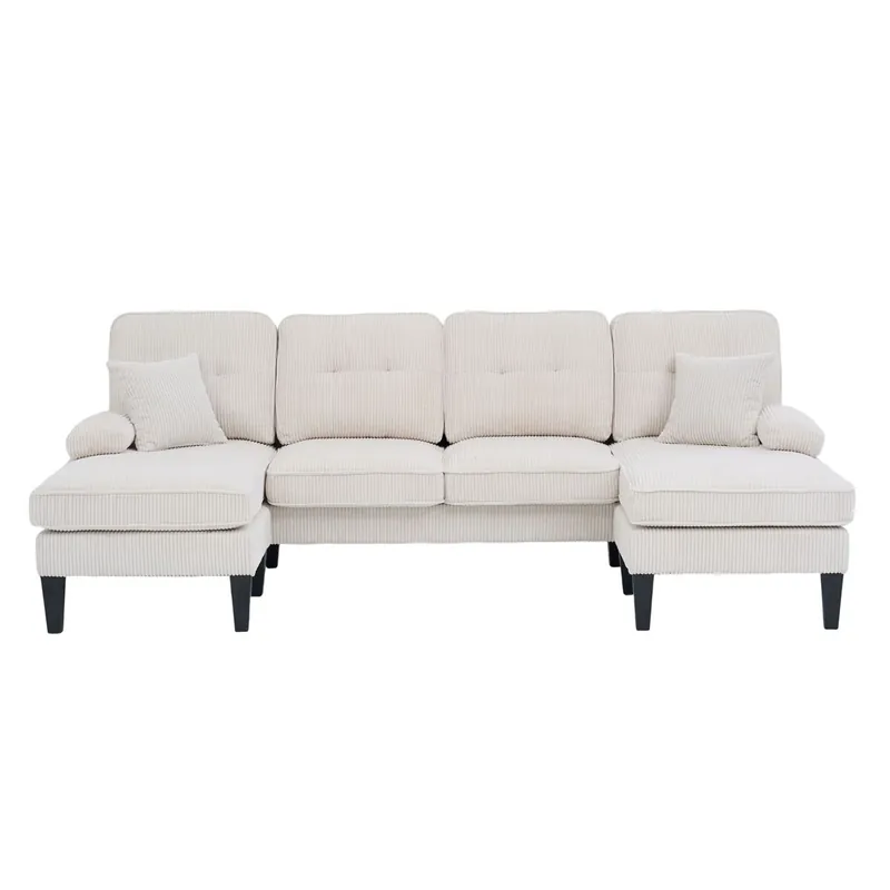 Sofá moderno 4 plazas en U - doble chaise longue, tela de cordón, cómodo, beige