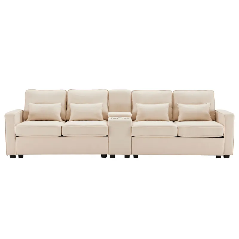 Sofá moderno de 4 plazas en tejido de lino - con puertos USB y 2 portavasos - Beige