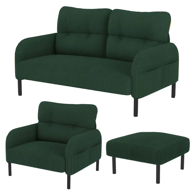 Juego 3 piezas Cord - Sillón + Hocker + Sofá 2 plazas - Estructura de acero, respaldo extra suave, asiento profundo, modular - Amarillo mostaza