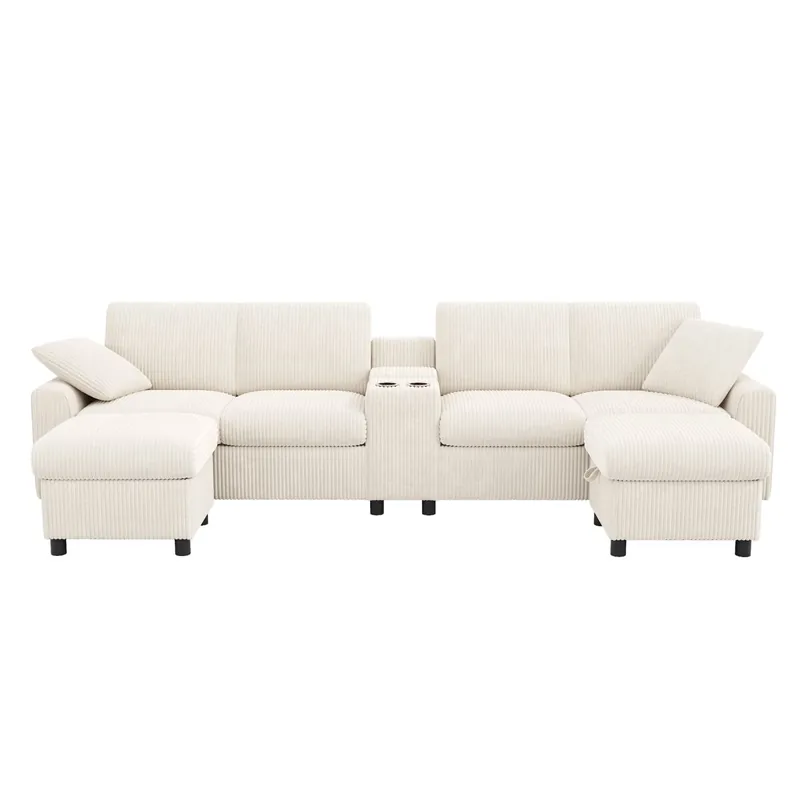 Sofá U-forma 315x81x135 cm - 2 Puffos con almacenamiento, mesa, 2 portavasos, USB, enchufes - Beige