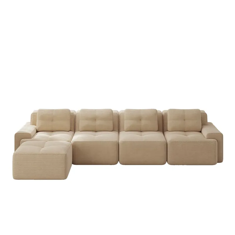 Sofá modular 4 plazas - Larga chaise longue, asiento profundo, cómodo, antideslizante - Beige