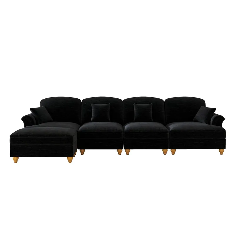 Sofá modular L 4 plazas - Chenille, brazos cónicos, faldón extraíble, patas torneadas, puf - Negro